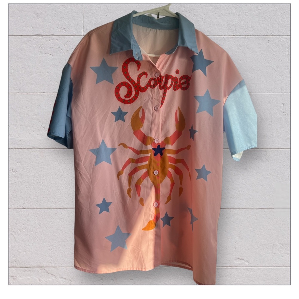 Scorpio Graphic Casual Button Down Shirt - Pink and Blue